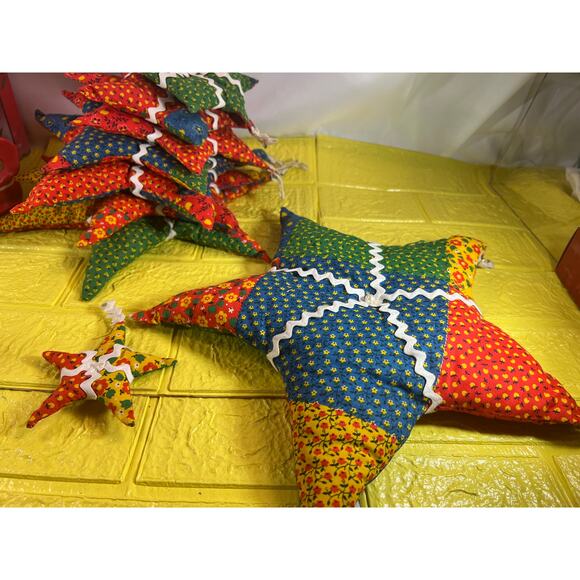 Vintage Christmas Hand Sewn Cloth Fabric Stuffed Star Ornaments Tree Set 11 - Picture 12 of 16
